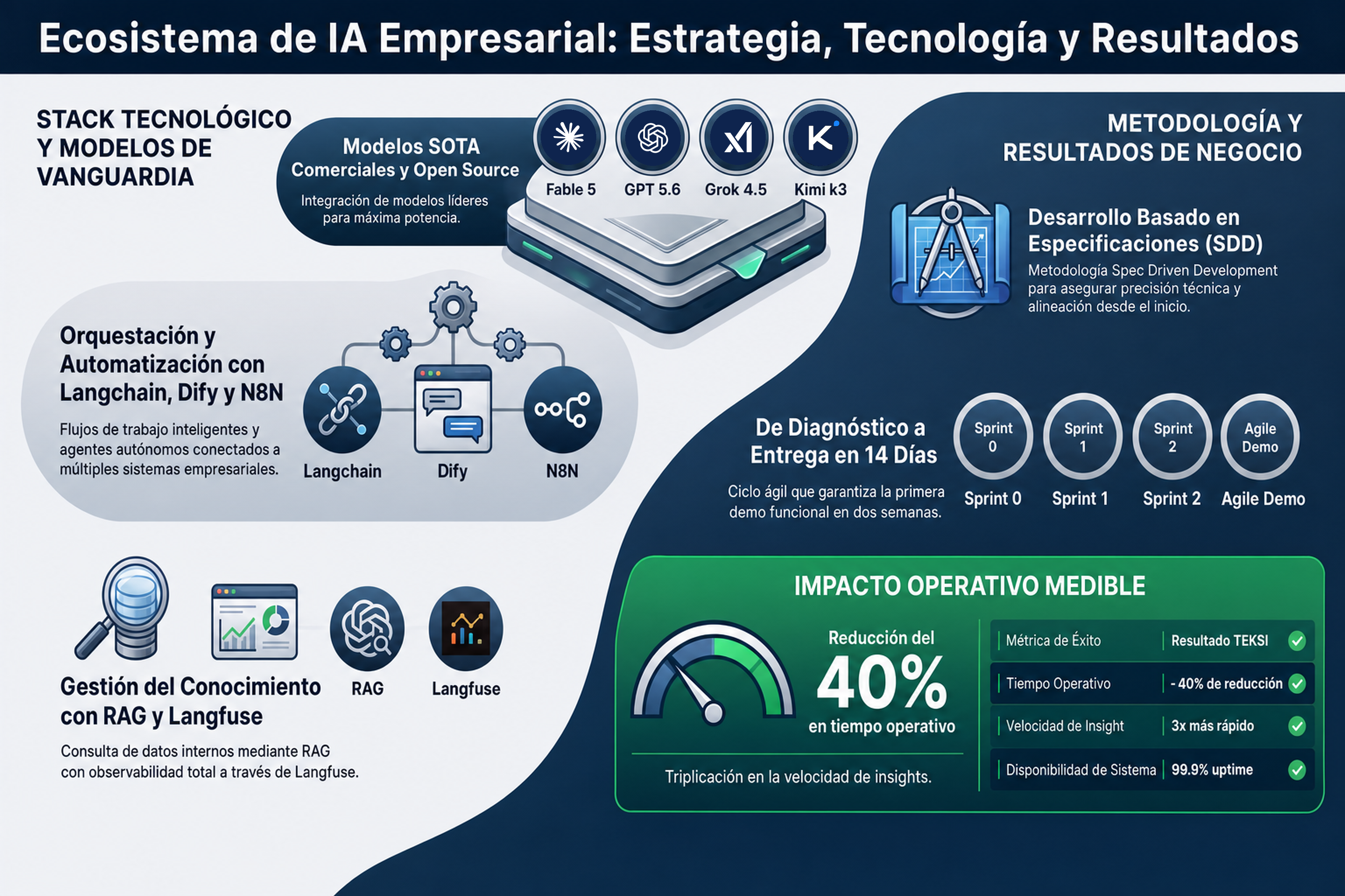 Ecosistema de IA empresarial TEKSI: modelos SOTA, Langchain, Dify, N8N, RAG, Langfuse, Spec Driven Development e impacto operativo medible.